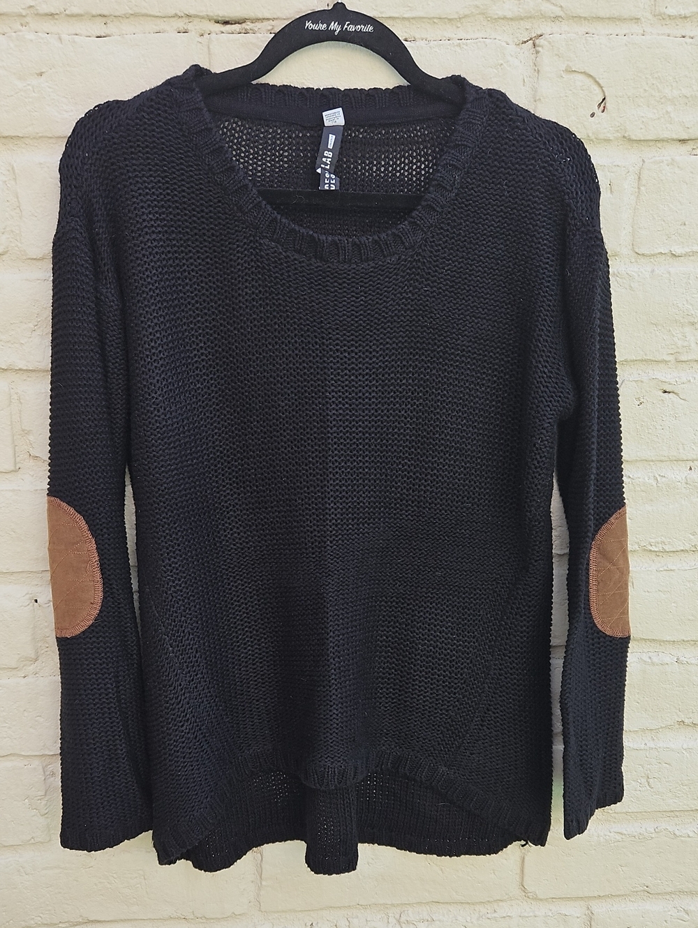 Lord & Taylor Black Crewneck Sweater with Brown Elbow Patches
